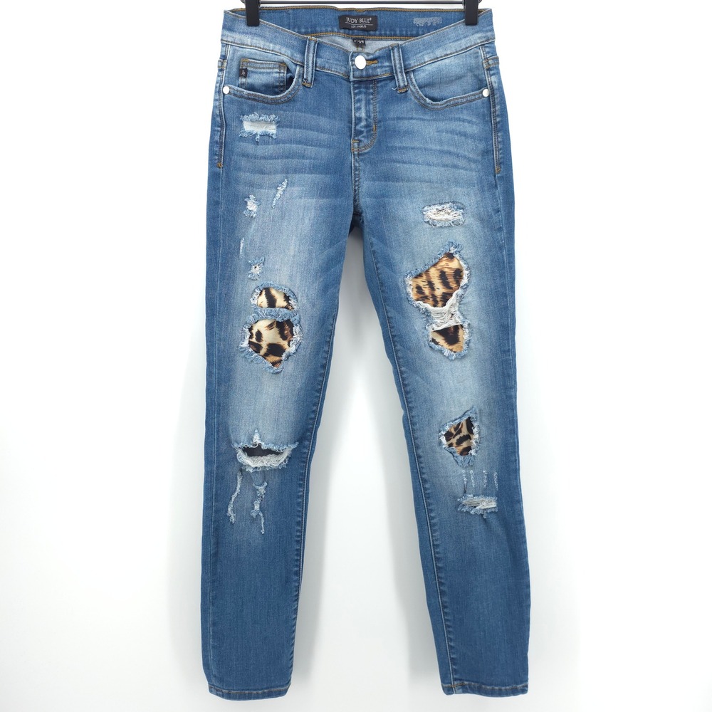 Judy Blue Womens Skinny Jeans 5/27 Blue Leopard‎ Print Distressed